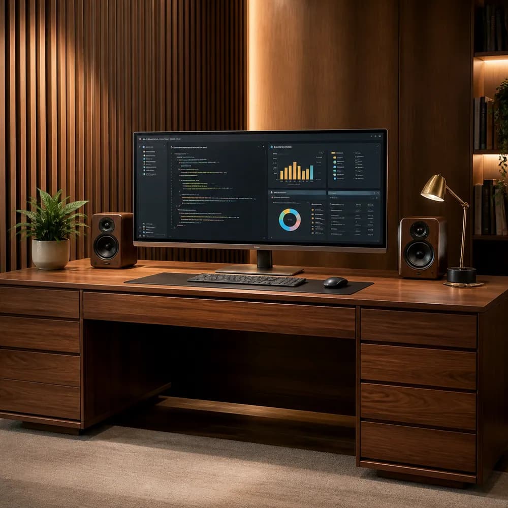 Premium walnut office workspace with business analytics dashboard